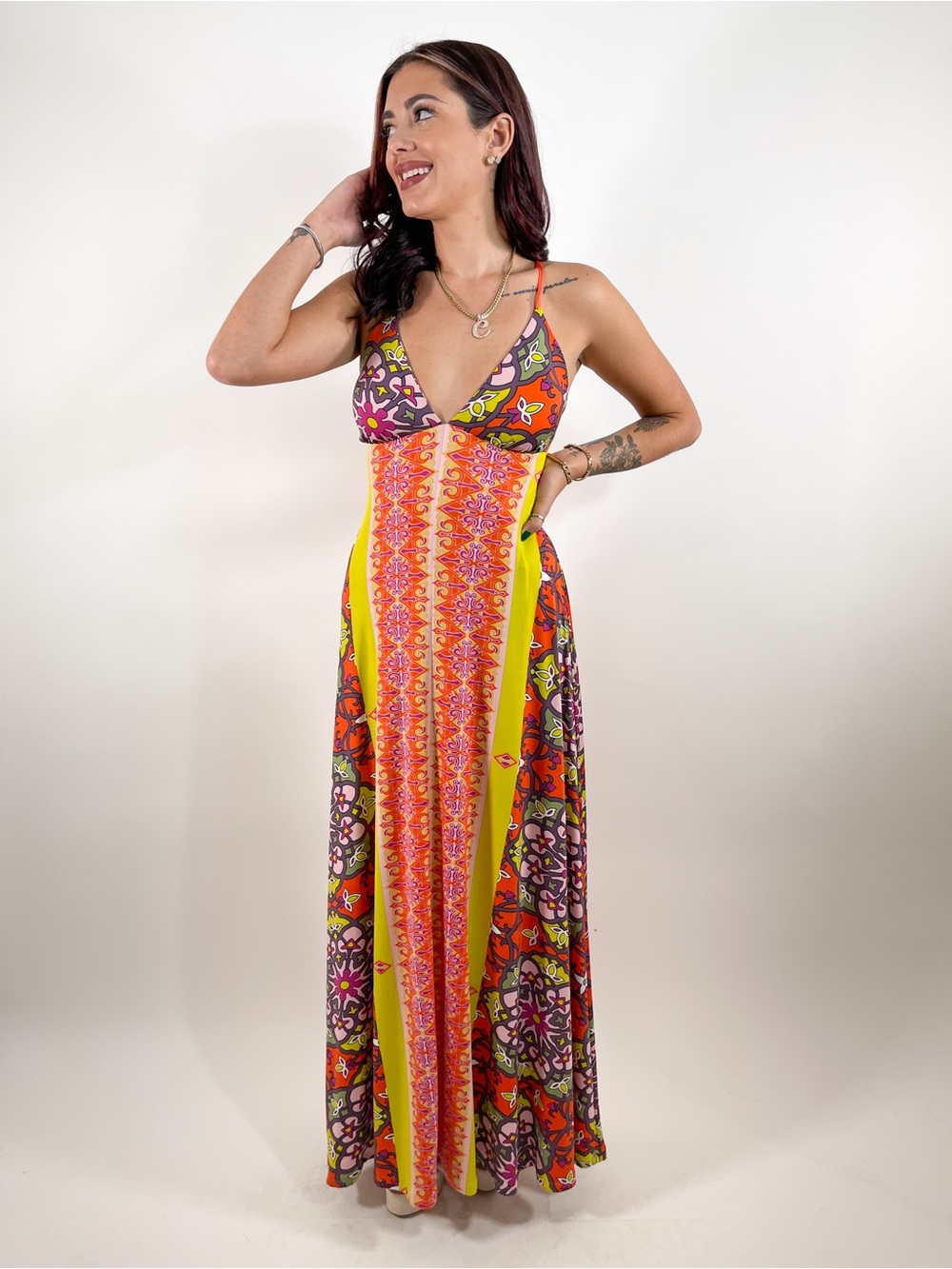 Analili Yellow and Orange Floral Patchwork Maxi Dress
